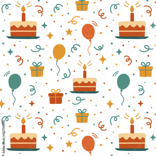 Seamless birthday pattern with cakes, balloons, gift boxes, stars and confetti in retro flat style. Ideal for wrapping paper, party decor, kids birthday invitations, backgrounds and digital prints.
