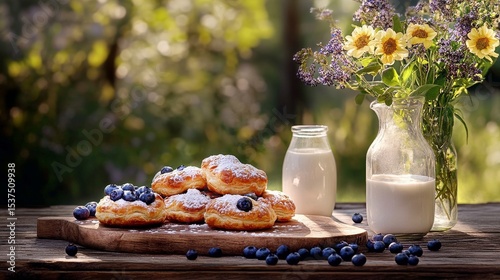 Enjoying Pastries With Blueberries and Milk in a Garden Setting During a Sunn...