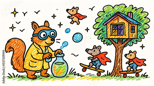 Whimsical Cartoon Illustration of a Squirrel Scientist Making Bubbles While Mice Skateboard Around a Treehouse