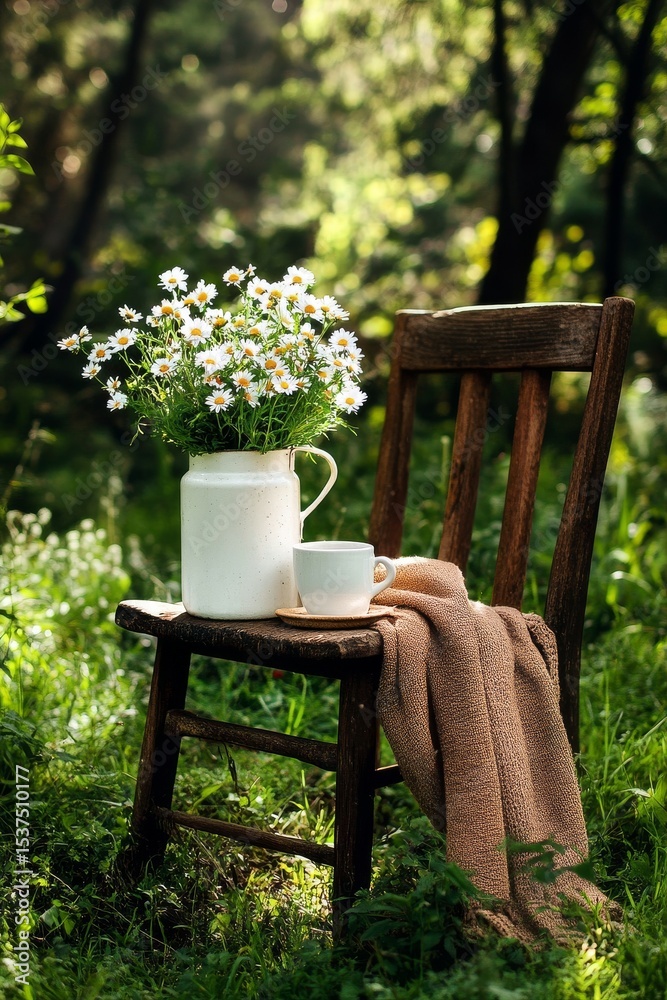 Fototapeta premium Enjoying a Peaceful Afternoon With Flowers and Tea in a Tranquil Park Setting.