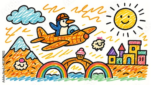 Whimsical Cartoon Illustration of a Penguin Flying an Airplane Over a Colorful Landscape