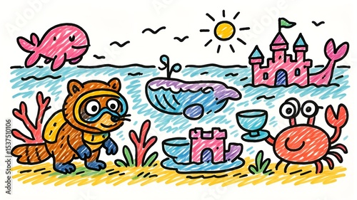 Whimsical Beach Scene with Scuba Diving Raccoon, Crab Serving Tea, and Pink Whale Illustration