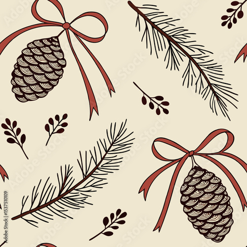 Pattern featuring pine cones and greenery with ribbons on a neutral background perfect for holiday decor Generative AI