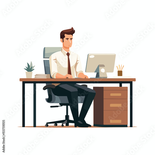 Professional businessman working at office desk vector illustration isolated on white background for business concepts