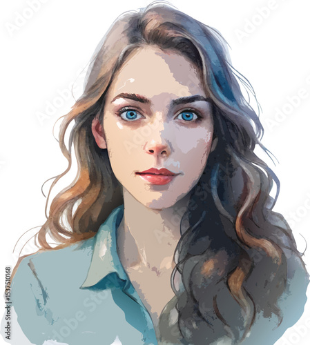 Digital Watercolor Portrait of Young Woman with Long Wavy Hair and Expressive Eyes – Soft and Artistic Female Illustration  Artwork