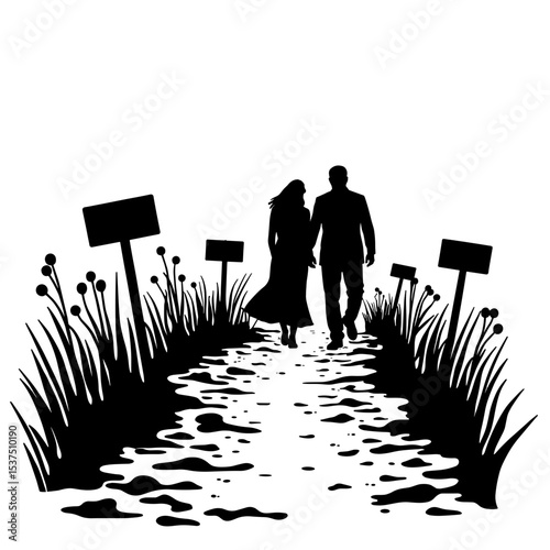 Silhouette of couple walking through flowered path with signs, nature journey farewell