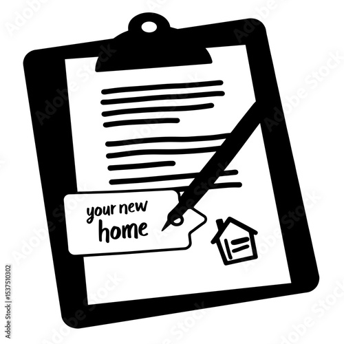 Silhouette of contract folder with pen and "your new home" tag, real estate agreement