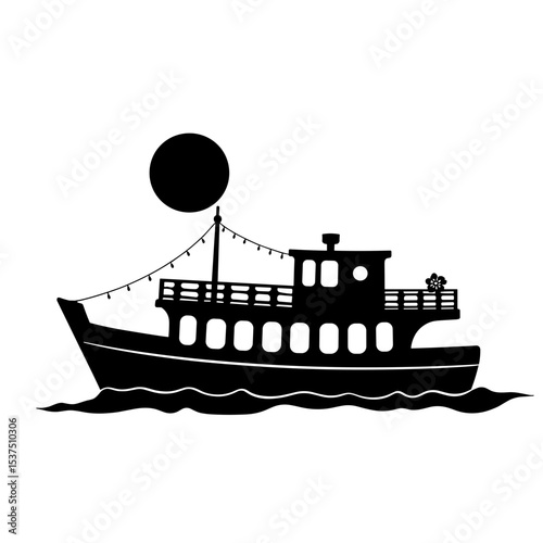 Silhouette of riverboat under moonlight with floral decor, romantic moonlit cruise