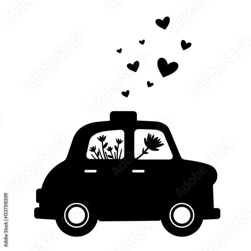 Silhouette of retro taxi with flowers and hearts, urban romance illustration
