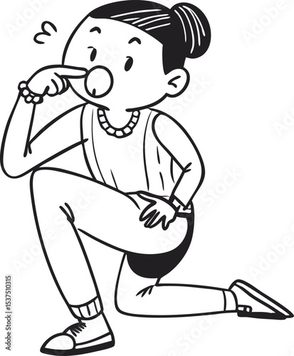 Cheeky Chinese Girl Blowing Bubble Gum in Denim Jacket and Leggings – Playful Line Art Character Illustration