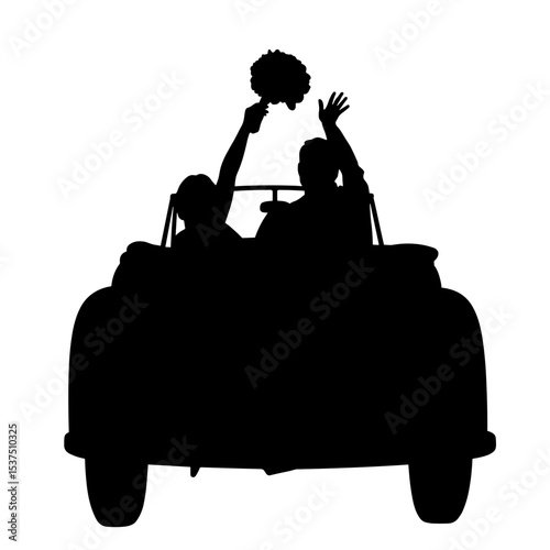 Silhouette of bouquet toss from vintage car, joyful wedding farewell