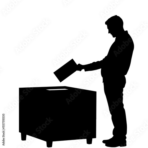 Silhouette of person voting at ballot box on white background, democratic participation