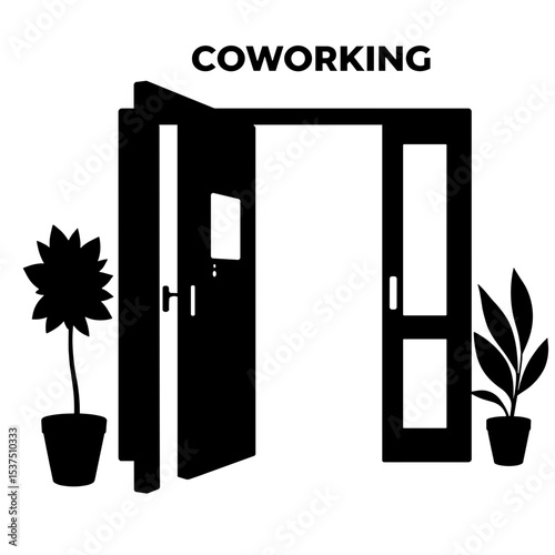 Silhouette of coworking space entrance with digital access panel, modern workspace security