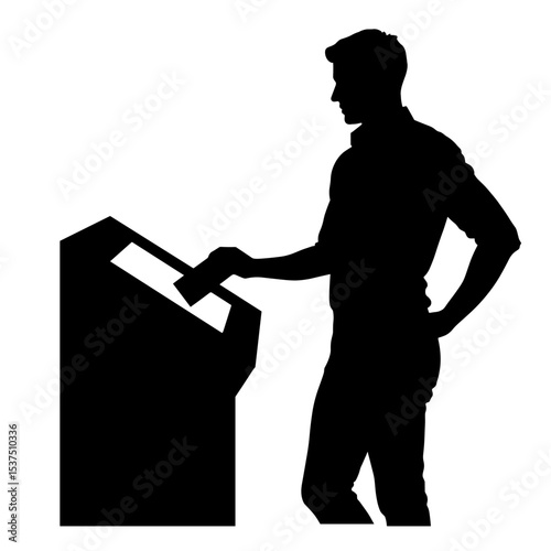 Silhouette of person using kiosk with card in hand, customer interaction concept