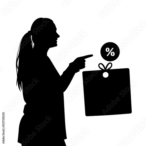 Silhouette of woman pointing at discount offer with gift box icon, customer satisfaction