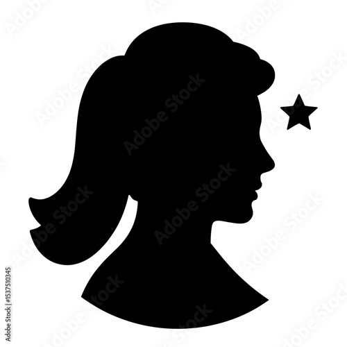 Silhouette of female profile with star icon on white background, elite status concept