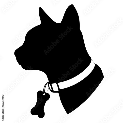 Cat silhouette with fishbone tag on collar, pet identity and simplicity