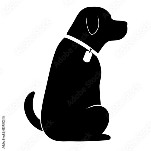Silhouette of dog with collar and name tag on white background, pet identity accessory