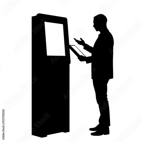 Silhouette of person interacting with touchscreen kiosk, self-service technology simplicity
