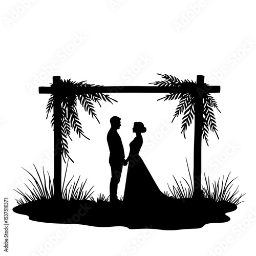 Silhouette of couple under archway with foliage on white background, wedding romance
