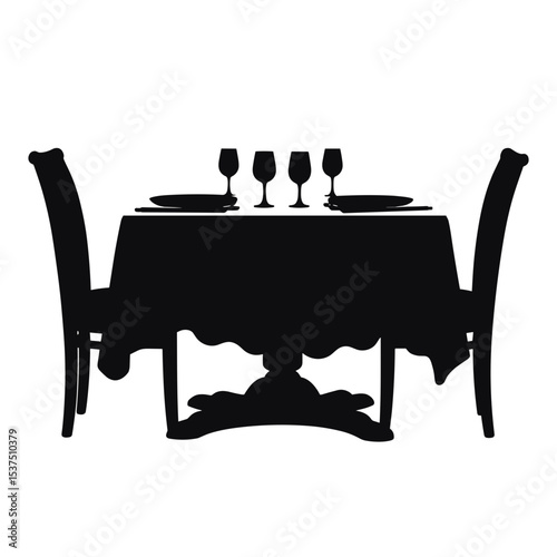 Silhouette of dinner table with glassware and plates, minimalist dining setup