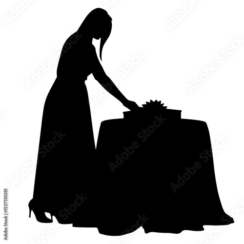 Silhouette of woman placing gift on table, sustainable gifting concept