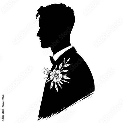 Silhouette of groom with floral boutonniere on white background, wedding elegance