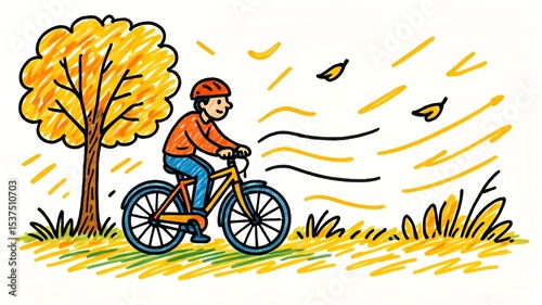 Illustration of a Person Riding a Bicycle in Autumn with Falling Leaves and a Yellow Tree