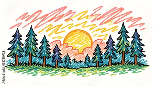 Colorful Hand-Drawn Landscape Illustration with Pine Trees, Grass, and a Setting Sun, Creating a Serene and Peaceful Scene