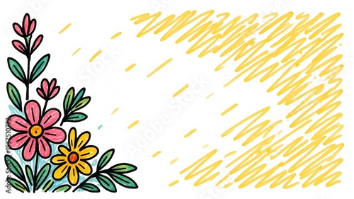 Floral Corner Illustration with Pink and Yellow Flowers and Scribbled Yellow Background, Decorative Design Element