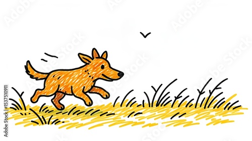 Cartoon Dog Running Through a Grassy Field with a Bird Flying Overhead Illustration