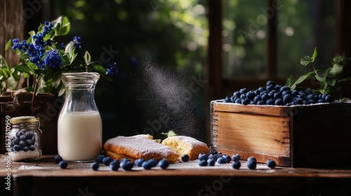 Delicious Pastry With Blueberries and Milk on a Rustic Table in a Sunlit Kitchen
