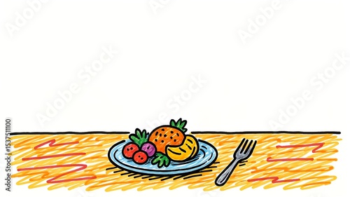 Cartoon Illustration of a Plate with Chicken, Potatoes, and Radishes on a Table