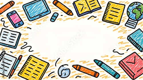 Colorful Doodle Border with School Supplies and Technology Devices for Education and Learning