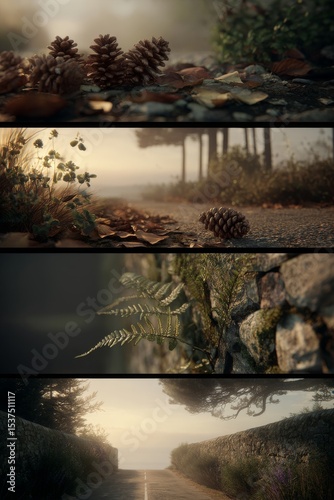 Pine Cones and Leaves Along a Quiet Forest Path at Dusk Near a Tranquil Lake