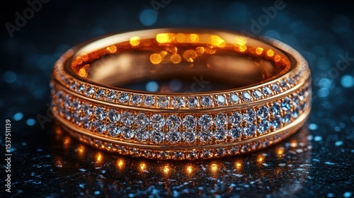 Close-up gold ring, studded with diamonds