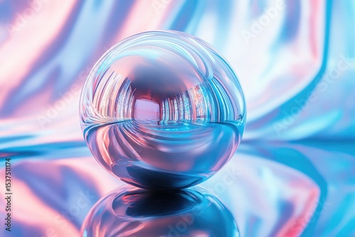 A captivating image showcases a reflective glass sphere, mirroring an iridescent and abstract landscape in shades of blue and pink.