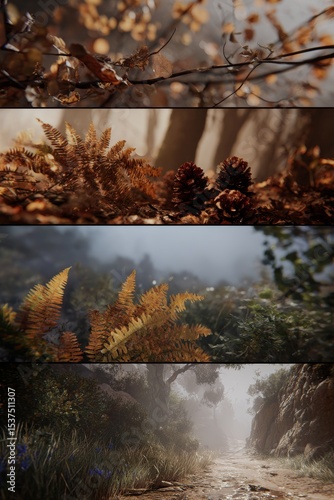Discovering the Tranquil Beauty of a Misty Forest With Pine Cones and Stone P...
