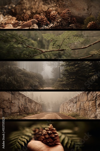 Discovering the Tranquil Beauty of a Misty Forest With Pine Cones and Stone P...