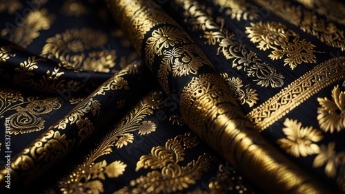 Malaysian Songket Textile Macro Showing Intricate Weaving in Black Silk Fabric and Metallic Thread

