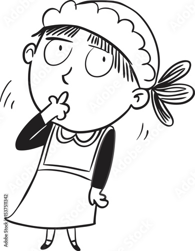 Playful Line Art Sketch of Chinese Girl in Frilly Dress with Cat-Ear Headband – Tongue Out Expression

