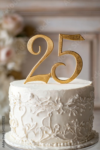 Celebration Cake With 25 Candle Topper for Special Birthday Event in Cozy Set...