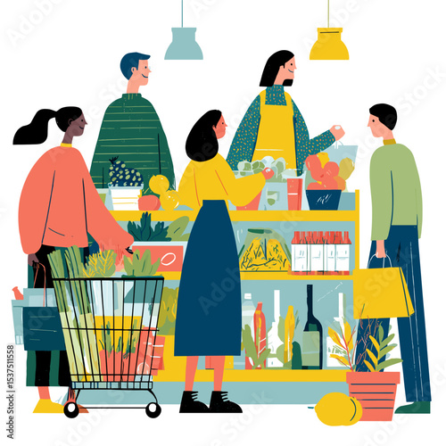 Stylized cartoon people shopping for groceries in supermarket, vector illustration
