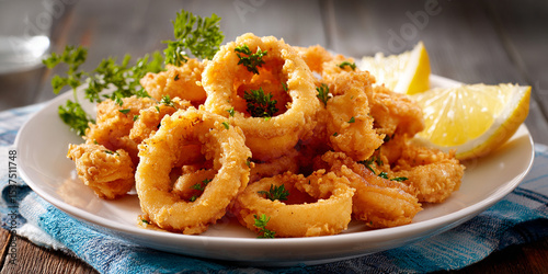 Clásicos Calamares a la Romana Servidos con Rodajas de Limón y Perejil Fresco generativa IA