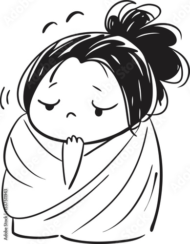 Sleepy Chinese Girl with Messy Hair Wrapped in Blanket – Playful Lazy Morning Line Art Illustration

