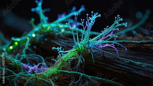 Bioluminescent Filament Network of Fungi Tangle in Blue and Green, Macro Texture Background

