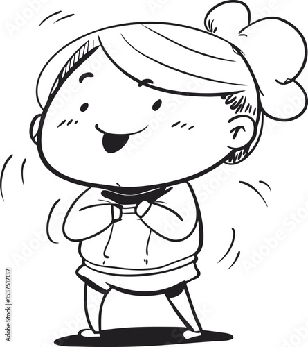 Cute Chinese Girl Laughing with Eyes Closed in Messy Bun, Oversized Hoodie and Skirt – Playful Character Illustration

