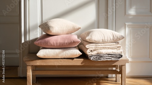 Soft Textiles Arranged on a Wooden Table in a Sunlit Room With Shadows.