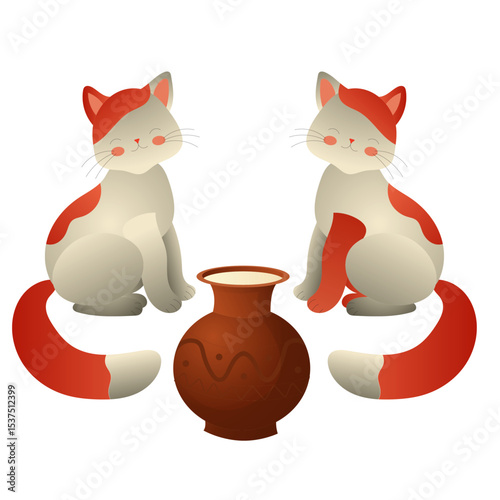 Two white cats and a clay jug with milk. Vector illustration isolated on a white background.