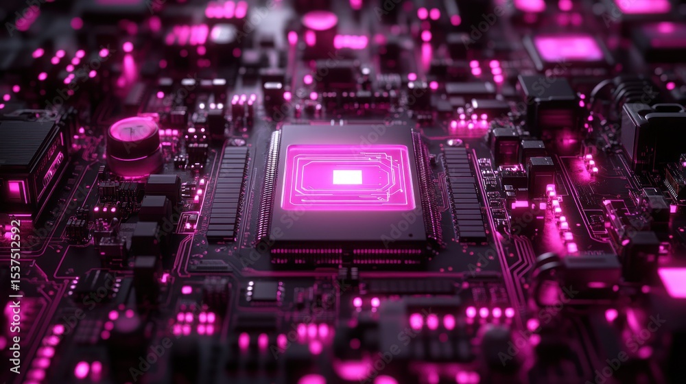 Fototapeta premium Close-up of a circuit board with glowing central processor